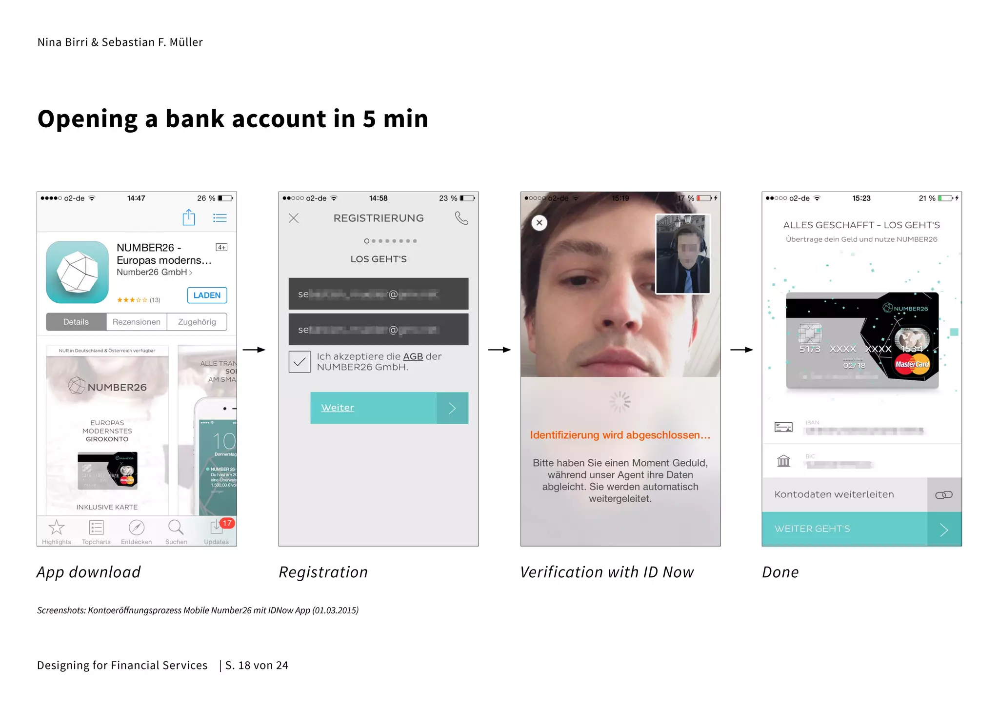 Nina Birri & Sebastian F. Müller
Opening a bank account in 5 min
App download Registration Verification with ID Now Done
Screenshots: Kontoeröffnungsprozess Mobile Number26 mit IDNow App (01.03.2015)
Designing for Financial Services | S. 18 von 24
 