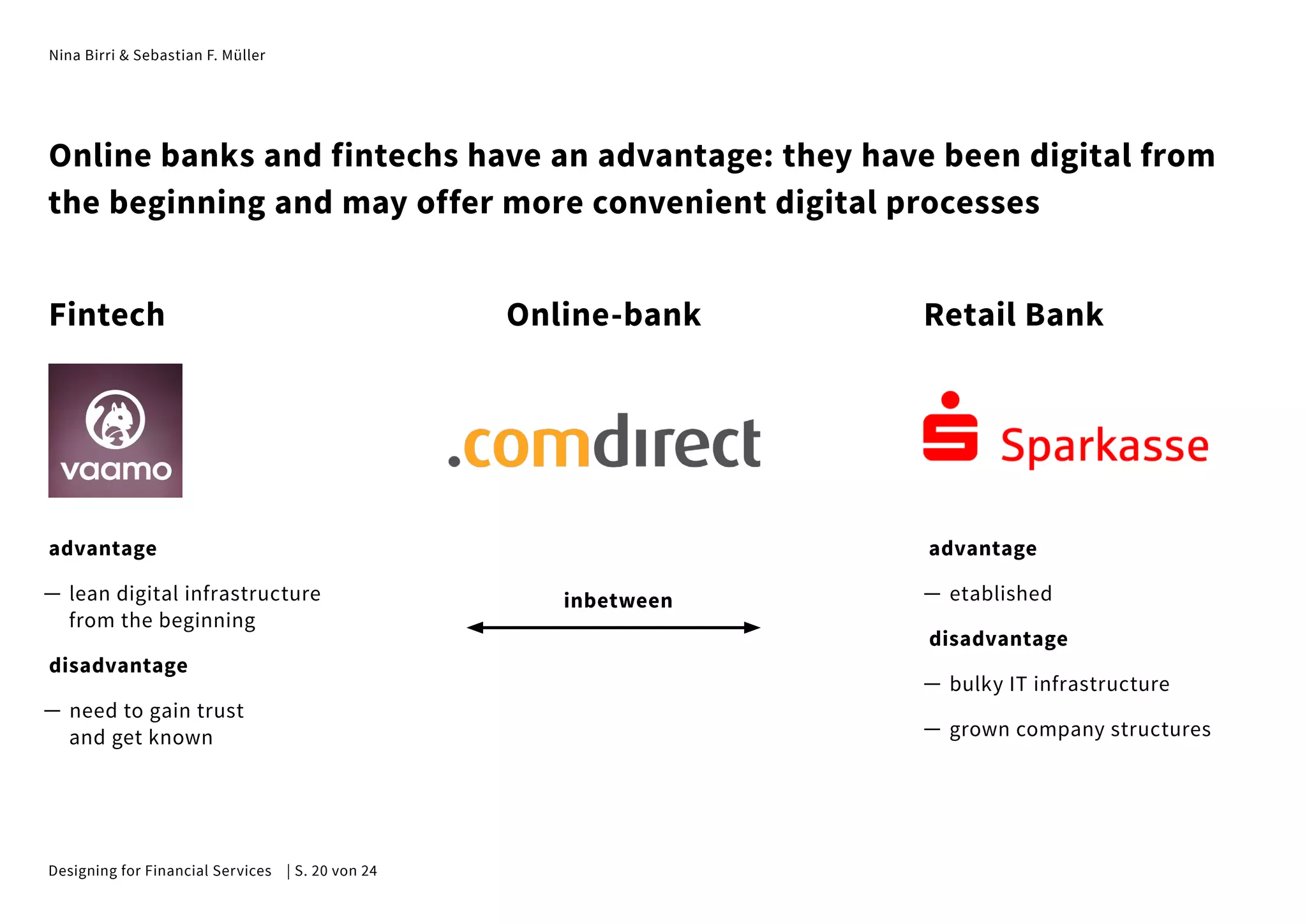 Nina Birri & Sebastian F. Müller
Fintech Online-bank Retail Bank
advantage
— lean digital infrastructure
from the beginning
disadvantage
— need to gain trust
and get known
inbetween
advantage
— etablished
disadvantage
— bulky IT infrastructure
— grown company structures
Online banks and fintechs have an advantage: they have been digital from
the beginning and may offer more convenient digital processes
Designing for Financial Services | S. 20 von 24
 