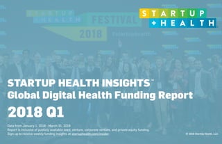 © 2018 StartUp Health, LLC
STARTUP HEALTH INSIGHTS
Global Digital Health Funding Report
 
Data from January 1, 2018 - March 31, 2018
Report is inclusive of publicly available seed, venture, corporate venture, and private equity funding.
Sign up to receive weekly funding insights at startuphealth.com/insider.
2018 Q1
TM
 