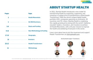 ABOUT STARTUP HEALTH
Pages Topic
3 ………………………………………….…… Health Moonshots
4 ………………………………………….…… Q1 2018 Summary
5-8 ……………………...