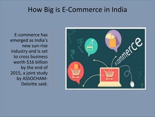 E-commerce has
emerged as India's
new sun-rise
industry and is set
to cross business
worth $16 billion
by the end of
2015, a joint study
by ASSOCHAM-
Deloitte said.
How Big is E-Commerce in India
 