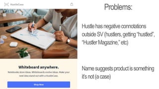 Problems:
Hustlehasnegativeconnotations
outsideSV(hustlers,getting“hustled”,
“HustlerMagazine,”etc)
Namesuggestsproductissomething
it’snot(acase)
 