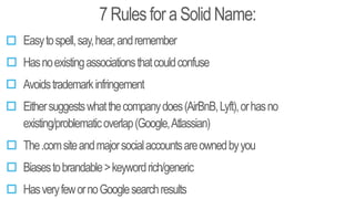 7RulesforaSolidName:
Easytospell,say,hear,andremember
Hasnoexistingassociationsthatcouldconfuse
Eithersuggestswhatthecompanydoes(AirBnB,Lyft),orhasno
existing/problematicoverlap(Google,Atlassian)
The.comsiteandmajorsocialaccountsareownedbyyou
HasveryfewornoGooglesearchresults
Avoidstrademarkinfringement
Biasestobrandable>keywordrich/generic
 