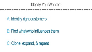 IdeallyYouWantto:
A:Identifyrightcustomers
B:Findwhat/whoinfluencesthem
C:Clone,expand,&repeat
 