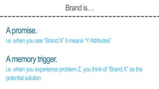 Brandis…
Apromise.
i.e.whenyousee“BrandX”itmeans“YAttributes”
Amemory trigger.
i.e.whenyouexperienceproblemZ,youthinkof“BrandX”asthe
potentialsolution
 