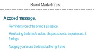 BrandMarketingis…
Acodedmessage.
Remindingyouofthebrand’sexistence
Reinforcingthebrand’scolors,shapes,sounds,experiences,&
feelings
Nudgingyoutousethebrandattherighttime
 