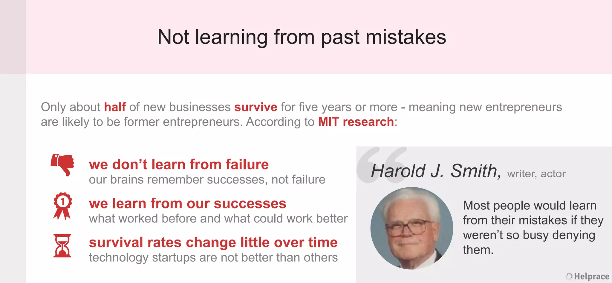 Not learning from past mistakes
Only about half of new businesses survive for ﬁve years or more - meaning new entrepreneurs
are likely to be former entrepreneurs. According to MIT research:
Harold J. Smith, writer, actor
Most people would learn
from their mistakes if they
weren’t so busy denying
them.
we don’t learn from failure
our brains remember successes, not failure
we learn from our successes
what worked before and what could work better
survival rates change little over time
technology startups are not better than others
Helprace
old J. Smith, writer, actorr
Most people would learn
from their mistakes if they
weren’t so busy denying
them.
Helprace
“HaroHaro
 