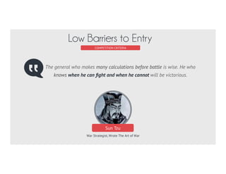 Avoid a ﬁght you cannot win! A market can be much harder to enter if a
competitor already has a mature offering that you must catch up to.
THINGS TO AVOID
•  Existing Economies of Scale
•  Existing Mature Product (feature set)
•  Well-Established Brand (halo)
•  Price Competition
COMPETITION CRITERIA
Low Barriers to Entry
 