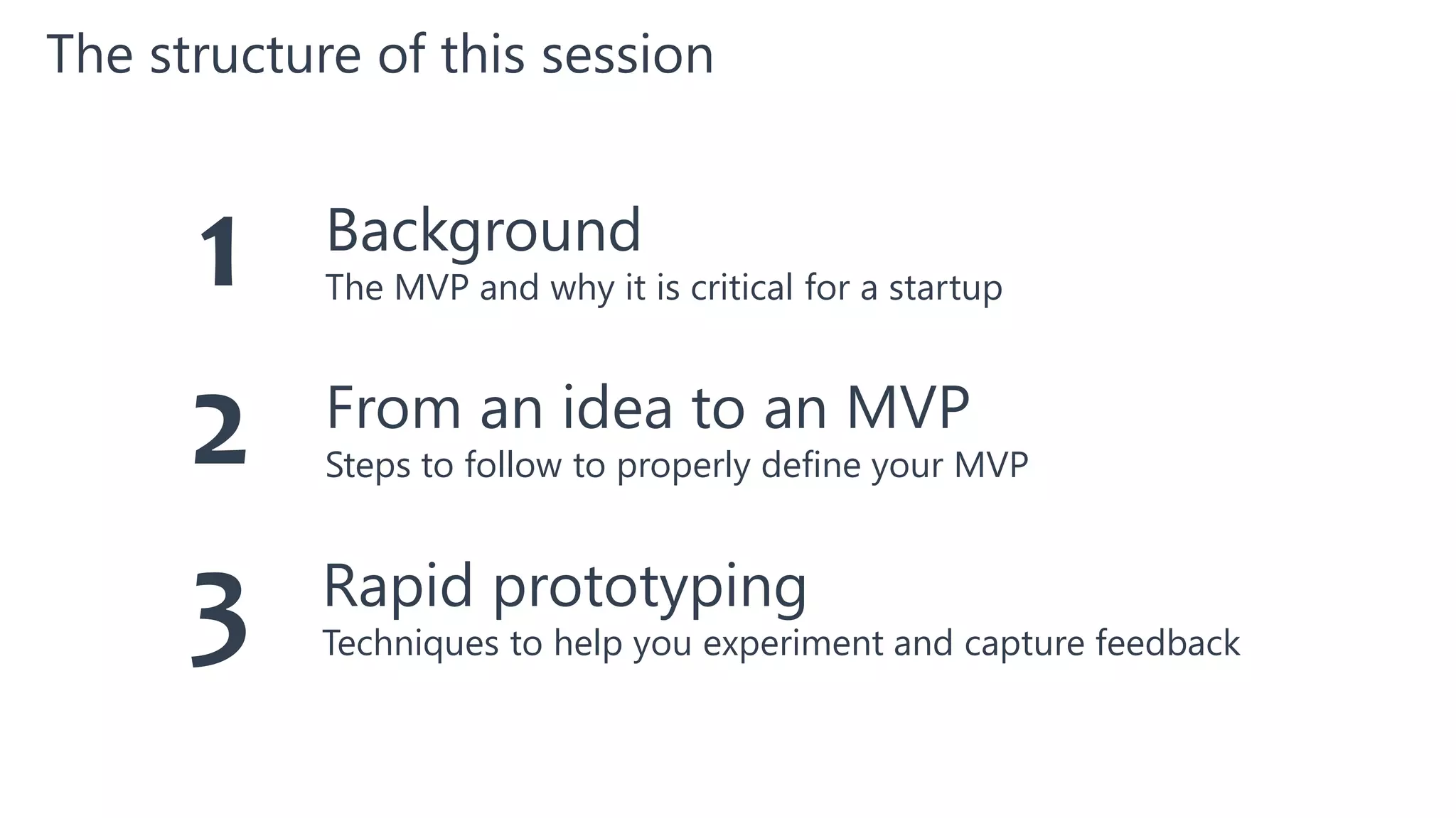 The structure of this session
Background
The MVP and why it is critical for a startup1
From an idea to an MVP
Steps to follow to properly define your MVP2
Rapid prototyping
Techniques to help you experiment and capture feedback3
 
