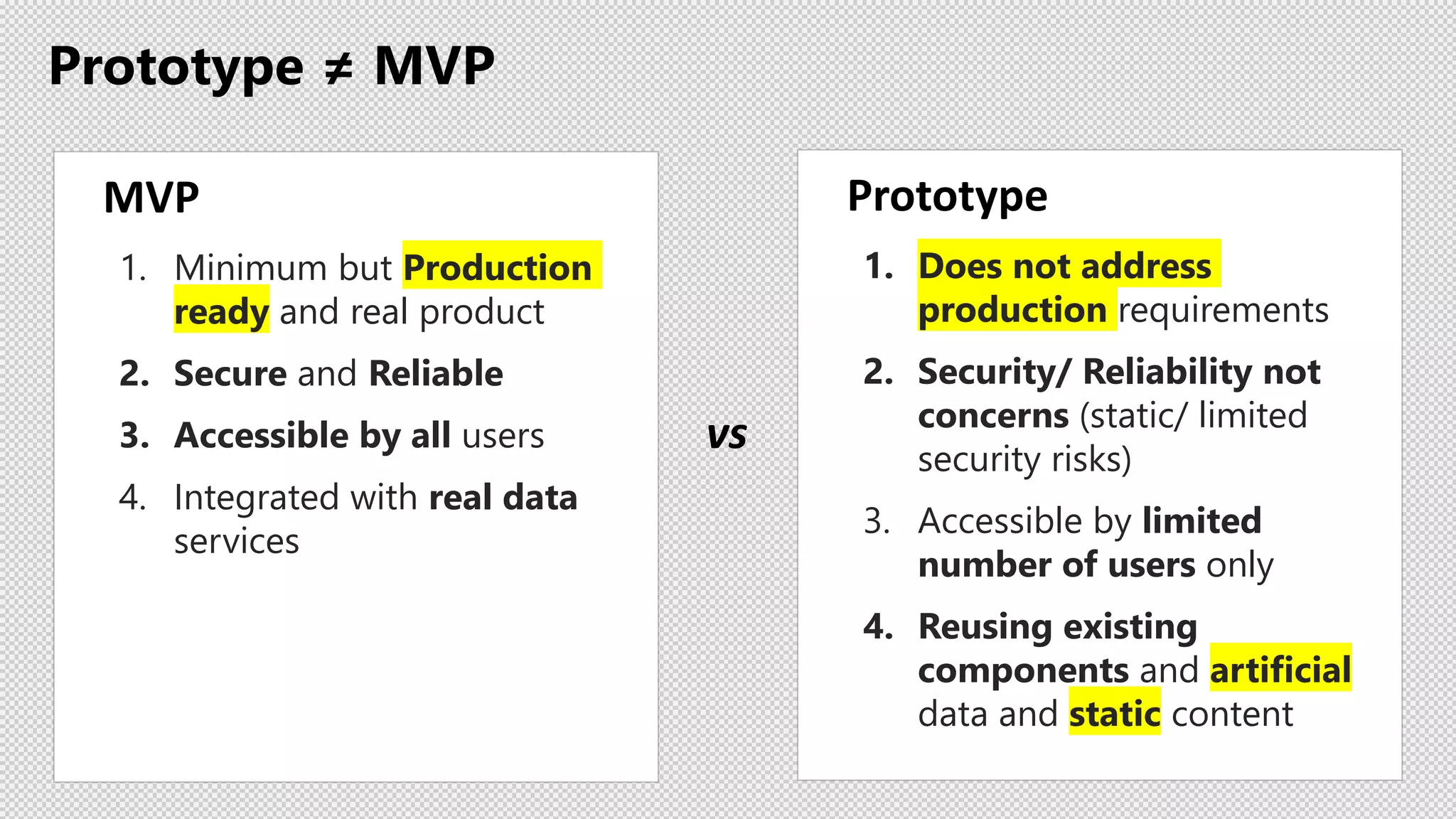 Prototype ≠ MVP
MVP
1. Minimum but Production
ready and real product
2. Secure and Reliable
3. Accessible by all users
4. Integrated with real data
services
Prototype
1. Does not address
production requirements
2. Security/ Reliability not
concerns (static/ limited
security risks)
3. Accessible by limited
number of users only
4. Reusing existing
components and artificial
data and static content
vs
 