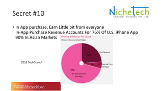 Secret #10
• In App purchase, Earn Little bit from everyone
In-App Purchase Revenue Accounts For 76% Of U.S. iPhone App
90% In Asian Markets
2013 TechCrunch
 