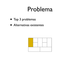 Problema
• Top 3 problemas
• Alternativas existentes
 