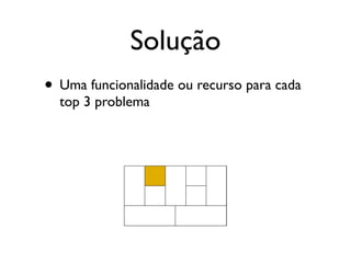 Solução
• Uma funcionalidade ou recurso para cada
  top 3 problema
 