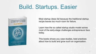 Build. Startups. Easier
1
Most startup ideas fail because the traditional startup
recipe leaves too much room for failure.
Learn how the so called startup studio model solves
most of the early-stage challenges entrepreneurs face
today.
This books shows you case studies, best practices
about how to build and grow such an organization.
 