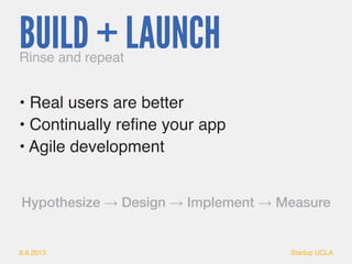 8.6.2013 Startup UCLA 
• Real users are better 
• Continually refine your app 
• Agile development 
Rinse and repeat 
Hypo...