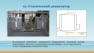 12. Статический декантатор
В статическом декантаторе производится обезвоживание очищенной мелкой
твердой фазы, после чего она выгружается в контейнеры, а затем перемещается
в зону складирования очищенного песка.
 