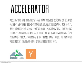 ACCELERATOR
Accelerators are organizations that provide cohorts of selected
nascent ventures seed-investment, usually in e...