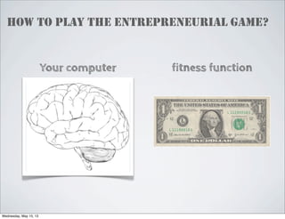 fitness function
Your computer
HOW TO PLAY THE ENTREPRENEURIAL GAME?
Wednesday, May 15, 13
 