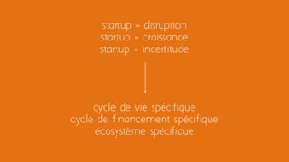cycle de vie spécifique
cycle de financement spécifique
écosystème spécifique
startup = disruption
startup = croissance
startup = incertitude
 