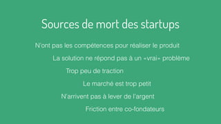 Sources de mort des startups
Friction entre co-fondateurs
N’arrivent pas à lever de l’argent
Trop peu de traction
La solution ne répond pas à un «vrai» problème
Le marché est trop petit
N’ont pas les compétences pour réaliser le produit
 