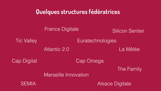 Quelques structures fédératrices
France Digitale Silicon Sentier
Tic Valley
Atlantic 2.0
Euratechnologies
Cap Omega
Alsace DigitaleSEMIA
La Mêlée
Cap Digital
Marseille Innovation
The Family
 