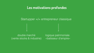 Startupper =/= entrepreneur classique
Les motivations profondes
logique patrimoniale
«batisseur d’empire»
double marché
(vente stocks & industrie)
 