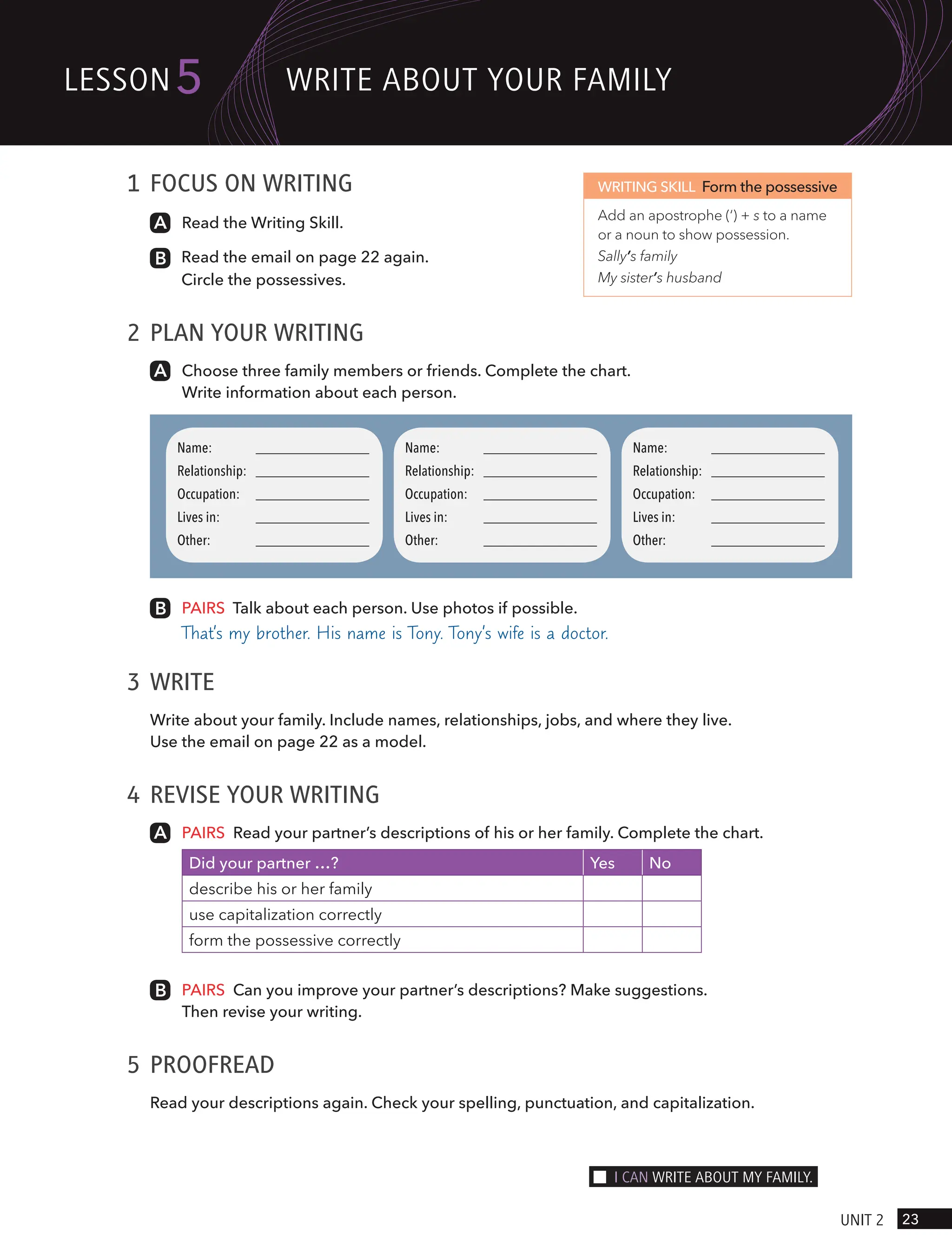 1 FOCUS ON WRITING
Read the Writing Skill.
2 PLAN YOUR WRITING
Choose three family members or friends. Complete the chart.
Write information about each person.
Name:
Relationship:
Occupation:
Lives in:
Other:
Name:
Relationship:
Occupation:
Lives in:
Other:
Name:
Relationship:
Occupation:
Lives in:
Other:
PAIRS Talk about each person. Use photos if possible.
That’s my brother. His name is Tony. Tony’s wife is a doctor.
3 WRITE
Write about your family. Include names, relationships, jobs, and where they live.
Use the email on page 22 as a model.
4 REVISE YOUR WRITING
PAIRS Read your partner’s descriptions of his or her family. Complete the chart.
Did your partner …? Yes No
describe his or her family
use capitalization correctly
form the possessive correctly
PAIRS Can you improve your partner’s descriptions? Make suggestions.
Then revise your writing.
5 PROOFREAD
Read your descriptions again. Check your spelling, punctuation, and capitalization.
WRITING SKILL Form the possessive
Add an apostrophe (‘) + s to a name
or a noun to show possession.
Sally’s family
My sister’s husband
23
UnIt 2
lesson5 wRIte ABoUt YoUR FAmIlY
I cAn wRIte ABoUt mY FAmIlY.
Read the email on page 22 again.
Circle the possessives.
 