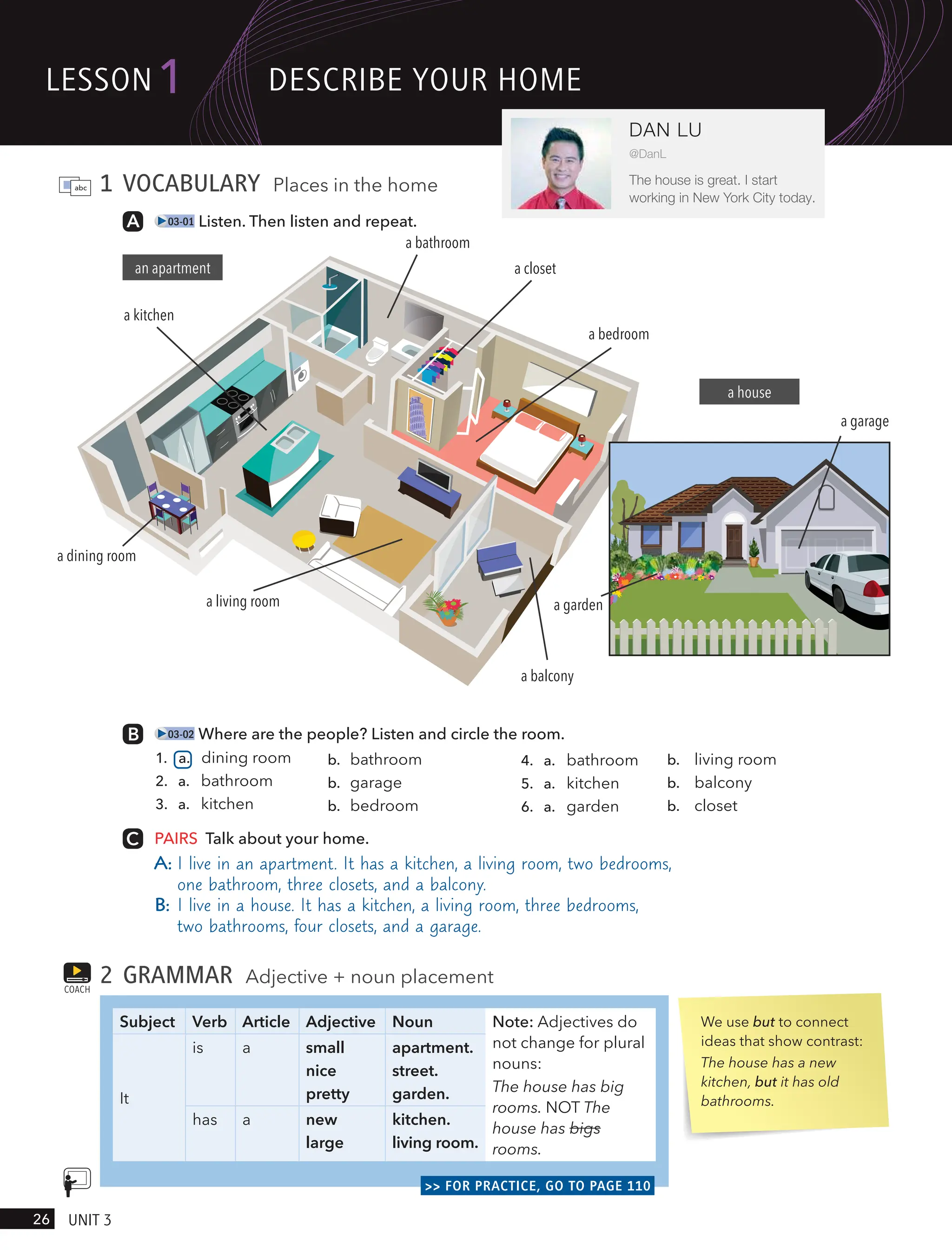1 VOCABULARY Places in the home
03-01 Listen. Then listen and repeat.
03-02 Where are the people? Listen and circle the room.
b. bathroom
b. garage
1. a. dining room
2. a. bathroom
3. a. kitchen b. bedroom
4. a. bathroom b. living room
5. a. kitchen b. balcony
6. a. garden b. closet
PAIRS Talk about your home.
A: I live in an apartment. It has a kitchen, a living room, two bedrooms,
one bathroom, three closets, and a balcony.
B: I live in a house. It has a kitchen, a living room, three bedrooms,
two bathrooms, four closets, and a garage.
2 GRAMMAR Adjective + noun placement
Subject Verb Article Adjective Noun Note: Adjectives do
not change for plural
nouns:
The house has big
rooms. NOT The
house has bigs
rooms.
It
is a small
nice
pretty
apartment.
street.
garden.
has a new
large
kitchen.
living room.
>> FOR PRACTICE, GO TO PAGE 110
COACH
We use but to connect
ideas that show contrast:
The house has a new
kitchen, but it has old
bathrooms.
a kitchen
a closet
a bathroom
a bedroom
a living room
a dining room
a balcony
a garage
a house
an apartment
a garden
lesson1
26 UnIt 3
DAN LU
@DanL
The house is great. I start
working in New York City today.
descRIBe YoUR Home
 