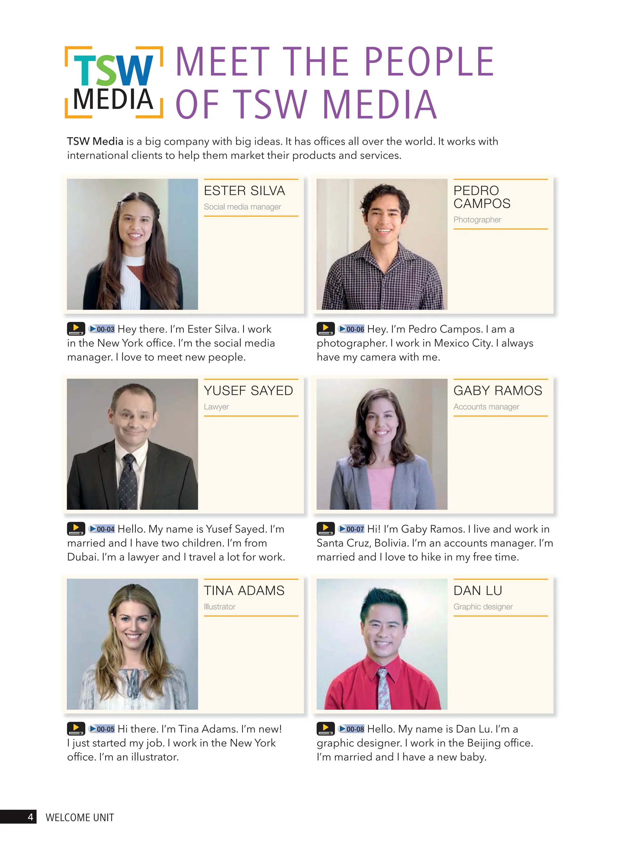 00-04 Hello. My name is Yusef Sayed. I’m
married and I have two children. I’m from
Dubai. I’m a lawyer and I travel a lot for work.
YUSEF SAYED
Lawyer
00-07 Hi! I’m Gaby Ramos. I live and work in
Santa Cruz, Bolivia. I’m an accounts manager. I’m
married and I love to hike in my free time.
GABY RAMOS
Accounts manager
00-05 Hi there. I’m Tina Adams. I’m new!
I just started my job. I work in the New York
office. I’m an illustrator.
TINA ADAMS
Illustrator
00-08 Hello. My name is Dan Lu. I’m a
graphic designer. I work in the Beijing office.
I’m married and I have a new baby.
DAN LU
Graphic designer
ESTER SILVA
Social media manager
00-06 Hey. I’m Pedro Campos. I am a
photographer. I work in Mexico City. I always
have my camera with me.
PEDRO
CAMPOS
Photographer
00-03 Hey there. I’m Ester Silva. I work
in the New York office. I’m the social media
manager. I love to meet new people.
TSW Media is a big company with big ideas. It has offices all over the world. It works with
international clients to help them market their products and services.
4 welcome UnIt
meet tHe PeoPle
oF tsw medIA
 