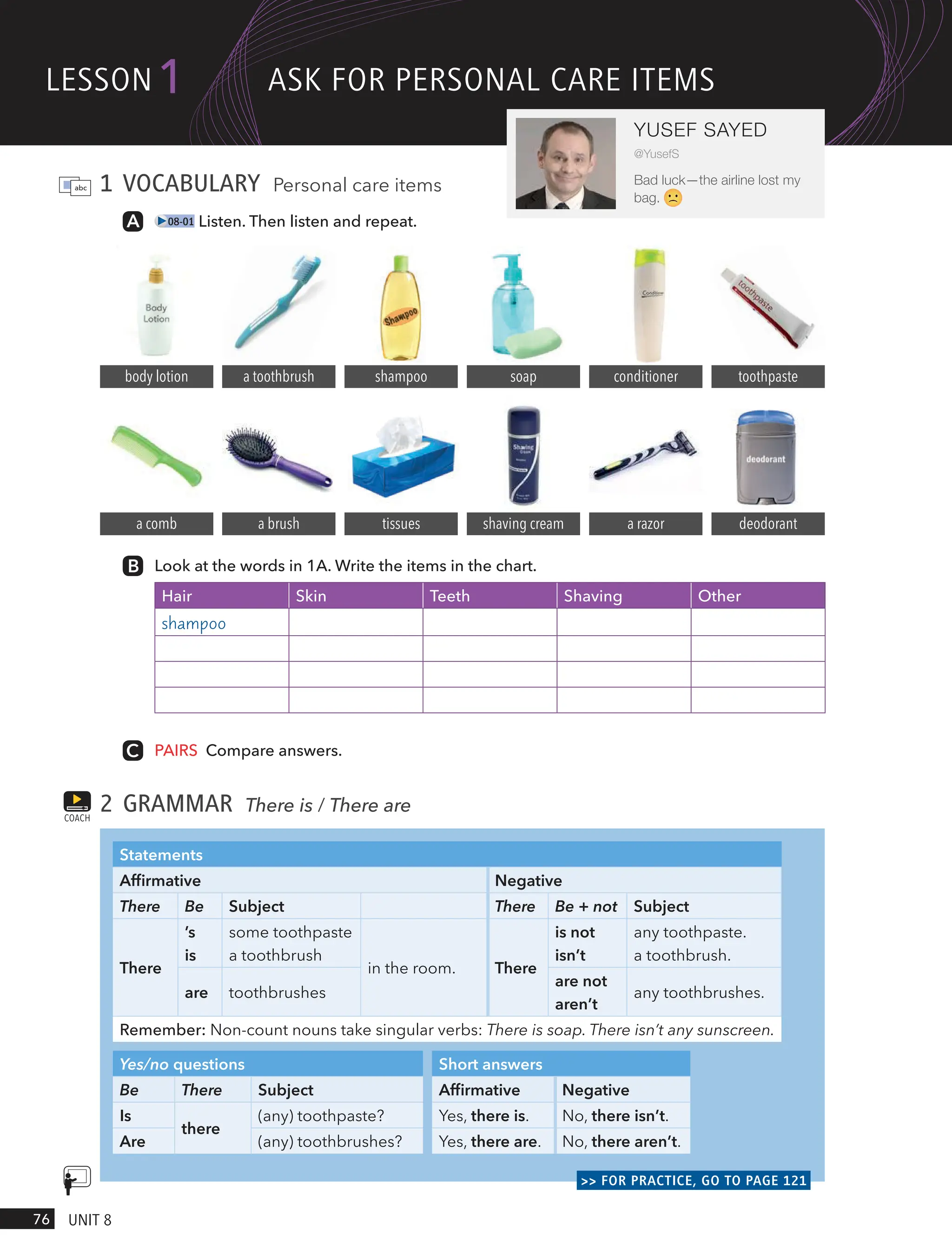 1 VOCABULARY Personal care items
08-01 Listen. Then listen and repeat.
Look at the words in 1A. Write the items in the chart.
Hair Skin Teeth Shaving Other
shampoo
PAIRS Compare answers.
2 GRAMMAR There is / There are
Statements
Affirmative Negative
There Be Subject There Be + not Subject
There
’s
is
some toothpaste
a toothbrush
in the room. There
is not
isn’t
any toothpaste.
a toothbrush.
are toothbrushes
are not
aren’t
any toothbrushes.
Remember: Non-count nouns take singular verbs: There is soap. There isn’t any sunscreen.
Yes/no questions Short answers
Be There Subject Affirmative Negative
Is
there
(any) toothpaste? Yes, there is. No, there isn’t.
Are (any) toothbrushes? Yes, there are. No, there aren’t.
>> FOR PRACTICE, GO TO PAGE 121
COACH
shampoo conditioner
soap
body lotion toothpaste
a toothbrush
deodorant
a razor
shaving cream
a comb a brush tissues
lesson1
76 UnIt 8
YUSEF SAYED
@YusefS
Bad luck—the airline lost my
bag.
Ask FoR PeRsonAl cARe Items
 