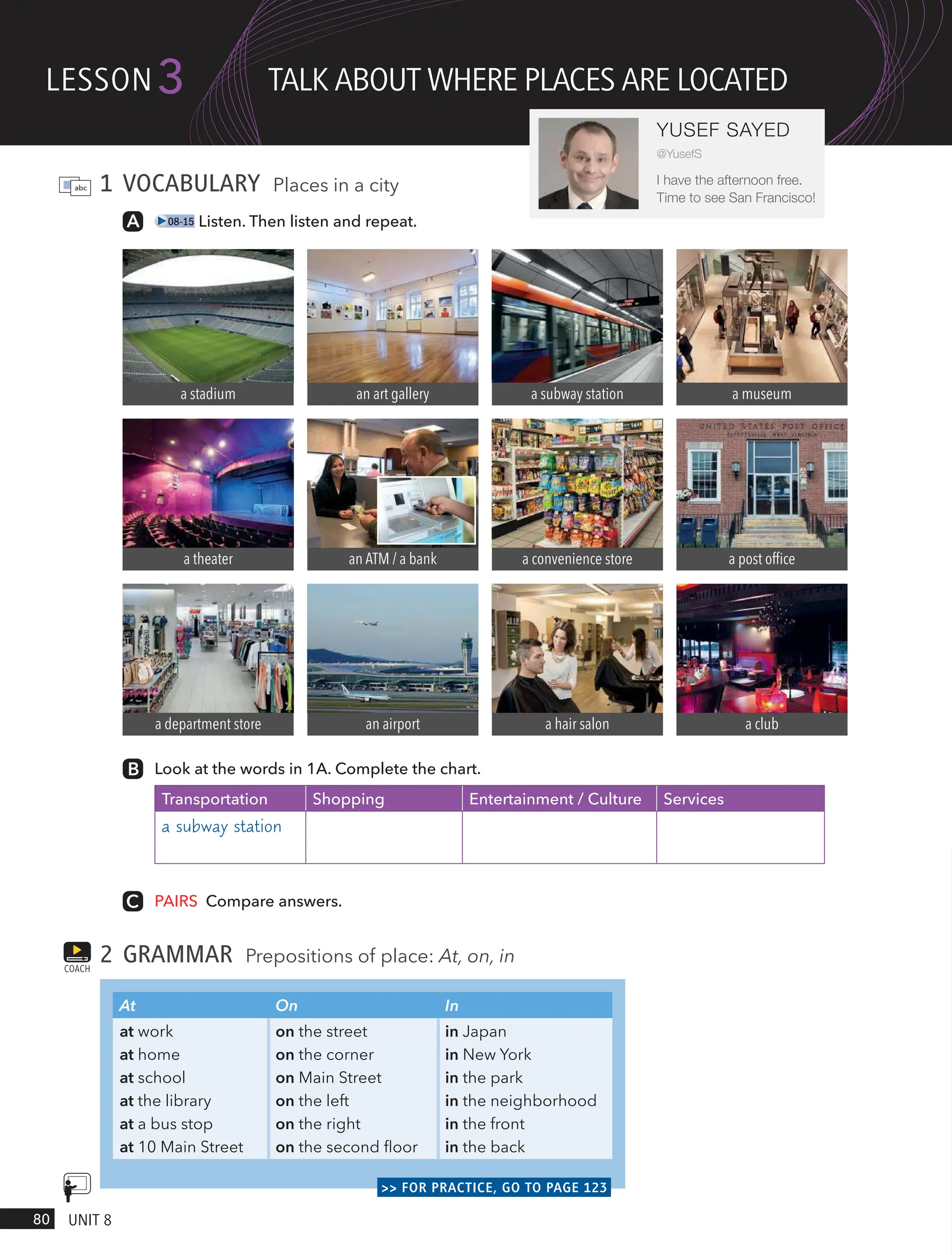 1 VOCABULARY Places in a city
08-15 Listen. Then listen and repeat.
Look at the words in 1A. Complete the chart.
Transportation Shopping Entertainment / Culture Services
PAIRS Compare answers.
2 GRAMMAR Prepositions of place: At, on, in
At On In
at work
at home
at school
at the library
at a bus stop
at 10 Main Street
on the street
on the corner
on Main Street
on the left
on the right
on the second floor
in Japan
in New York
in the park
in the neighborhood
in the front
in the back
>> FOR PRACTICE, GO TO PAGE 123
COACH
a stadium an art gallery a subway station a museum
a theater a convenience store a post office
a department store an airport a hair salon a club
an ATM / a bank
lesson
80 UnIt 8
3
YUSEF SAYED
@YusefS
I have the afternoon free.
Time to see San Francisco!
tAlk ABoUt wHeRe PlAces ARe locAted
a subway station
 