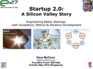 Startup 2.0: A Silicon Valley Story Engineering Better Startups  with Incubators, Metrics & Iterative Development Dave McClure  ( @DaveMcClure ) Founders Fund / 500 Hats Echelon May 2010 (Singapore) 