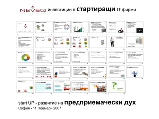 инвестиции в стартиращи IT фирми




start UP - развитие на предприемачески    дух
София - 11 Ноември 2007
 