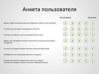 Анкета пользователя
Не согласен

Согласен

Думаю, я буду пользоваться данным продуктом, когда он станет доступен

1

2

3

4

5

Я считаю данный продукт неоправданно сложным

1

2

3

4

5

Я считаю, что работать с данным продуктом было легко

1

2

3

4

5

Думаю, мне понадобится помощь технического специалиста для работы
с продуктом

1

2

3

4

5

Я считаю, что продукт обладает многими полезными функциями

1

2

3

4

5

Я обнаружил много противоречивых мест в продукте

1

2

3

4

5

Полагаю, большинство людей легко освоят этот продукт
Я считаю этот продукт слишком сложным и обременительным

1

2

3

4

5

 