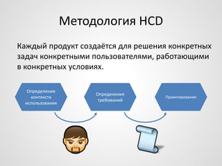 Методология HCD
Каждый продукт создаётся для решения конкретных
задач конкретными пользователями, работающими
в конкретных условиях.
Определение
контекста
использования

Определение
требований

Проектирование

 