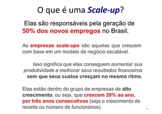 24
O que é uma Scale-up?
Elas são responsáveis pela geração de
50% dos novos empregos no Brasil.
As empresas scale-ups são aquelas que crescem
com base em um modelo de negócio escalável.
Isso significa que elas conseguem aumentar sua
produtividade e melhorar seus resultados financeiros
sem que seus custos cresçam no mesmo ritmo.
Elas estão dentro do grupo de empresas de alto
crescimento, ou seja, que crescem 20% ao ano,
por três anos consecutivos (seja o crescimento de
receita ou número de funcionários).
 