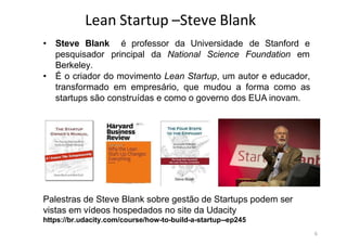Lean Startup –Steve Blank
• Steve Blank
pesquisador
Berkeley.
é professor da Universidade de Stanford e
principal da National Science Foundation em
• É o criador do movimento Lean Startup, um autor e educador,
transformado em empresário, que mudou a forma como as
startups são construídas e como o governo dos EUA inovam.
Palestras de Steve Blank sobre gestão de Startups podem ser
vistas em vídeos hospedados no site da Udacity
https://br.udacity.com/course/how-to-build-a-startup--ep245
6
 