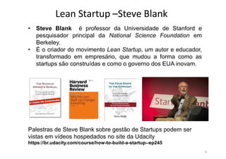 Lean Startup –Steve Blank
6
• Steve Blank é professor da Universidade de Stanford e
pesquisador principal da National Science Foundation em
Berkeley.
• É o criador do movimento Lean Startup, um autor e educador,
transformado em empresário, que mudou a forma como as
startups são construídas e como o governo dos EUA inovam.
Palestras de Steve Blank sobre gestão de Startups podem ser
vistas em vídeos hospedados no site da Udacity
https://br.udacity.com/course/how-to-build-a-startup--ep245
 