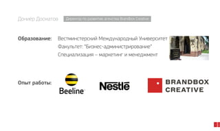 Дониёр Досматов
Образование:

Директор по развитию агенства Brandbox Creative

Вестминстерский Международный Университет
Факультет: “Бизнес-администрирование”
Специализация – маркетинг и менеджмент

3

2014

Опыт работы:

 