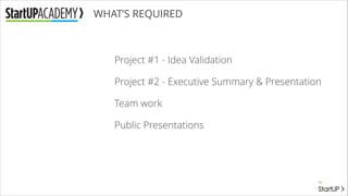 WHAT’S REQUIRED

Project #1 - Idea Validation
Project #2 - Executive Summary & Presentation
Team work
Public Presentations

 