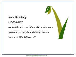 www.earlygrowthfinancialservices.com
20
David Ehrenberg
415-234-3437
contact@earlygrowthfinancialservices.com
www.earlygrowthfinancialservices.com
Follow us @EarlyGrowthFS
 