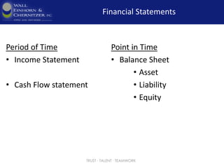 Financial Statements
Period of Time
• Income Statement
• Cash Flow statement
Point in Time
• Balance Sheet
• Asset
• Liability
• Equity
TRUST ∙ TALENT ∙ TEAMWORK
 