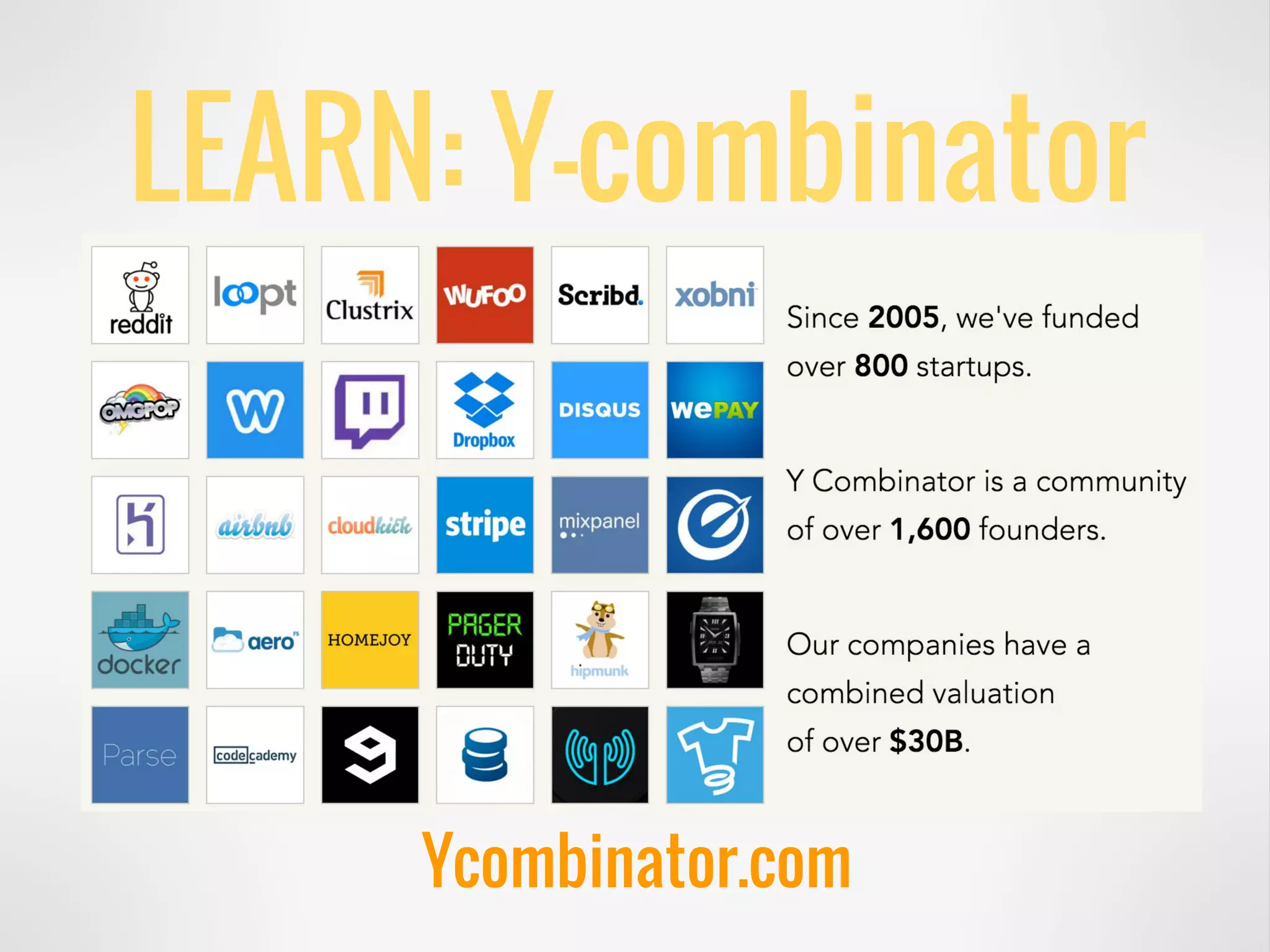 LEARN: Y-combinator
Ycombinator.com
 