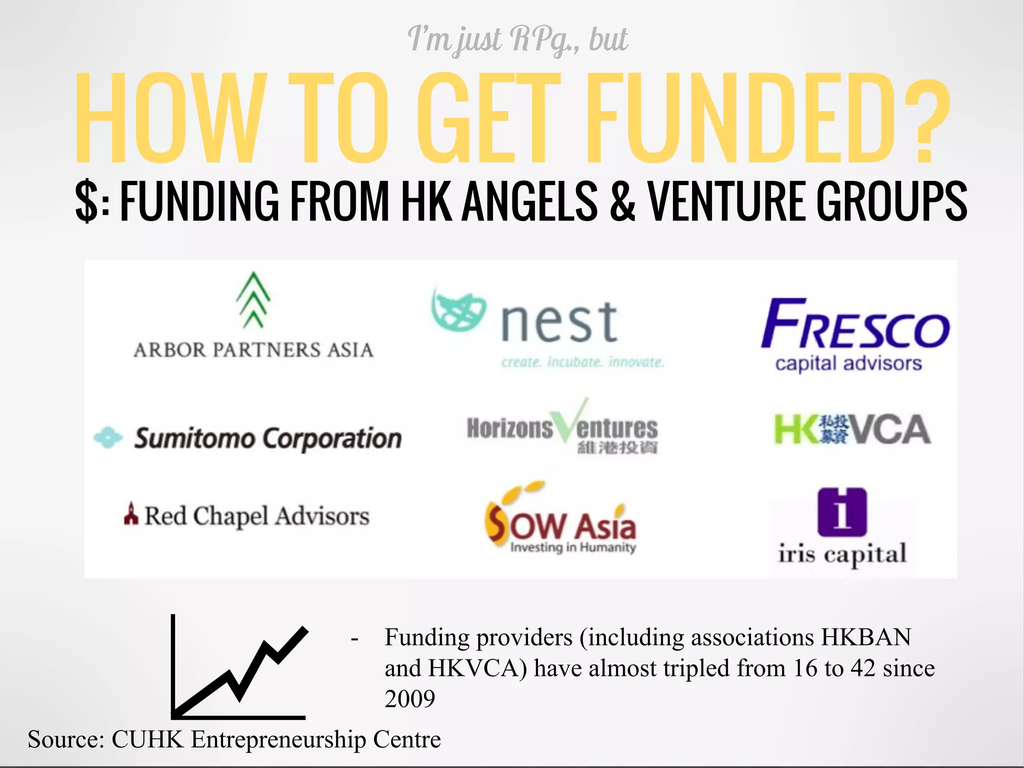 HOW TO GET FUNDED?
I’m just RPg., but
$: FUNDING FROM HK ANGELS & VENTURE GROUPS
- Funding providers (including associations HKBAN
and HKVCA) have almost tripled from 16 to 42 since
2009
Source: CUHK Entrepreneurship Centre
 