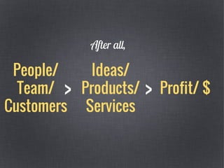 People/
Team/
Customers
After all,
Ideas/
Products/
Services
Profit/ $> >
 