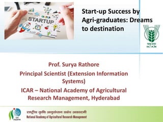 succ
Prof. Surya Rathore
Principal Scientist (Extension Information
Systems)
ICAR – National Academy of Agricultural
Research Management, Hyderabad
Start-up Success by
Agri-graduates: Dreams
to destination
 