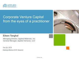 External Use 
Corporate Venture Capital from the eyes of a practitioner 
Eileen Tanghal 
Managing Director, Applied Materials, Inc. General Manager, Applied Ventures, LLC 
Oct 24, 2014 
Startup Alliance CVC Session  