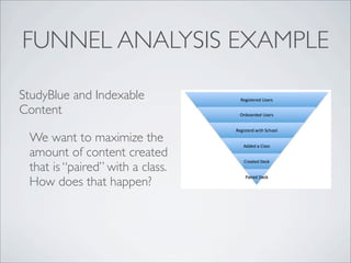 FUNNEL ANALYSIS EXAMPLE

StudyBlue and Indexable
Content

 We want to maximize the
 amount of content created
 that is “paired” with a class.
 How does that happen?
 