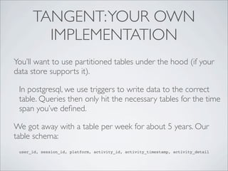 TANGENT: YOUR OWN
        IMPLEMENTATION
You’ll want to use partitioned tables under the hood (if your
data store supports it).

 In postgresql, we use triggers to write data to the correct
 table. Queries then only hit the necessary tables for the time
 span you’ve deﬁned.

We got away with a table per week for about 5 years. Our
table schema:
 user_id, session_id, platform, activity_id, activity_timestamp, activity_detail
 