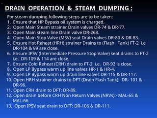 .
DRAIN OPERATION & STEAM DUMPING :
For steam dumping following steps are to be taken;
1. Ensure that HP Bypass oil system is charged.
2. Open Main Steam strainer Drain valves DR‑74 & DR‑77.
3. Open Main steam line Drain valve DR‑263.
4. Open Main Stop Valve (MSV) seat Drain valves DR‑80 & DR‑83.
5. Ensure Hot Reheat (HRH) strainer Drains to (Flash Tank) FT‑2 i.e
DR‑104 & 99 are close.
6. Ensure IPSV (Intermediate Pressure Stop Valve) seat drains to FT‑2
i.e. DR‑109 & 114 are close.
7. Ensure Cold Reheat (CRH) drain to FT‑2 i.e. DR‑92 is close.
8. Open LP Bypass warm up line valves HR‑1 & HR‑4.
9. Open LP Bypass warm up drain line valves DR‑115 & DR‑117.
10. Open HRH strainer drains to DFT (Drain Flash Tank): DR‑ 101 &
DR‑96.
11. Open CRH drain to DFT: DR‑89.
12. Open drain before CRH Non Return Valves (NRVs):‑ MAL‑65 &
MAL‑66.
13. Open IPSV seat drain to DFT: DR‑106 & DR‑111.
 